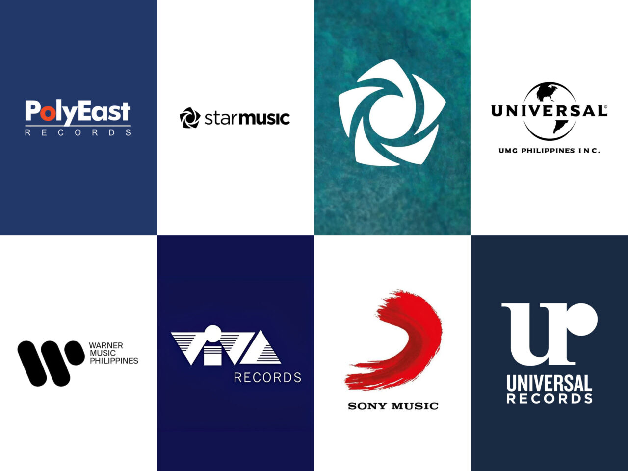 Logos of PolyEast Records, Star Music, Universal Music Group Philippines, Warner Music Philippines, Viva Records, Sony Music, and Universal Records