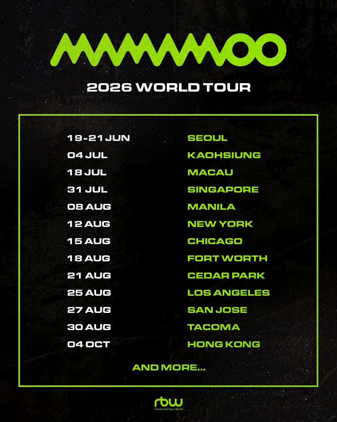 Poster for 2026 World Tour with dates and cities in neon green on a dark background.
