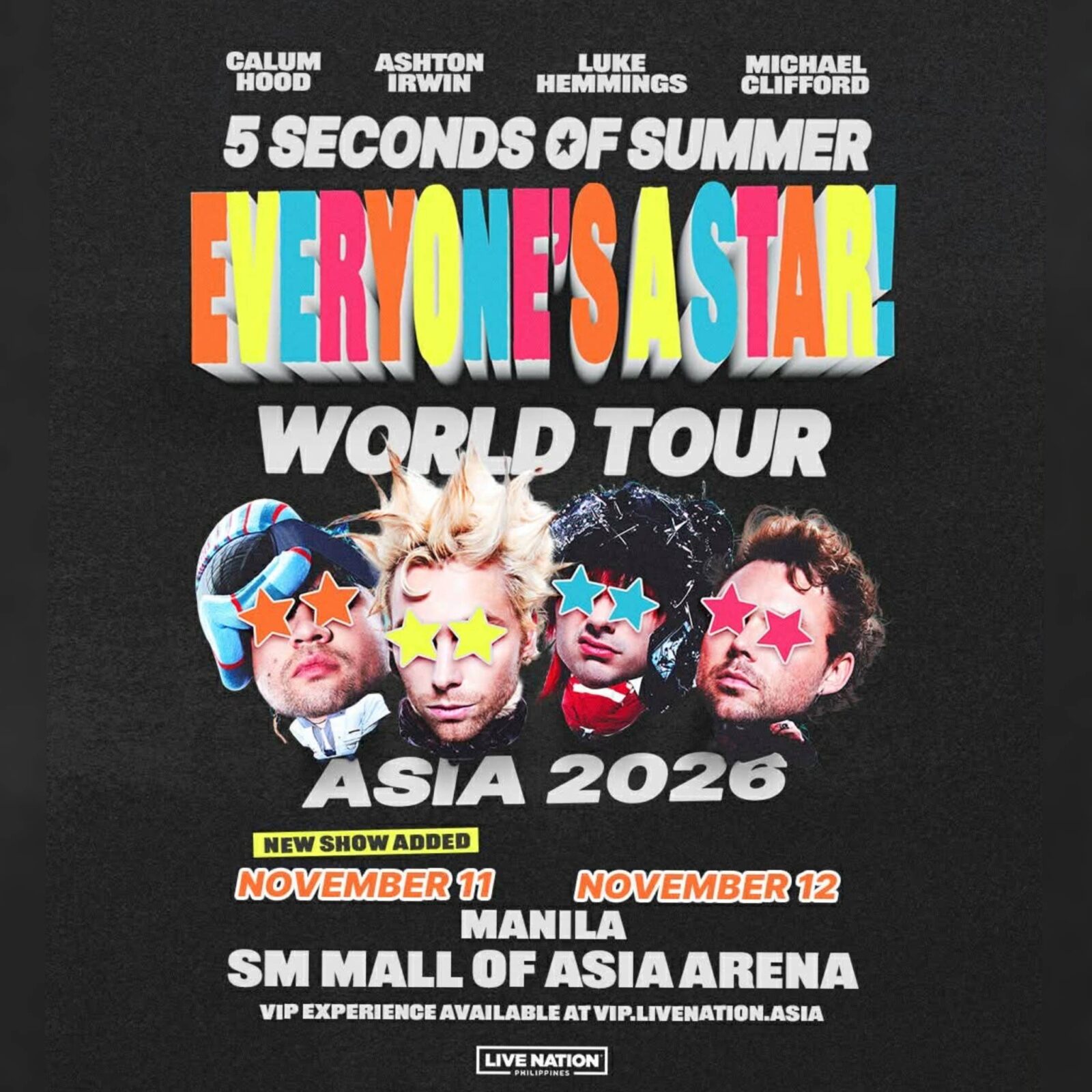 Poster promoting 5 Seconds of Summer Asia 2026 World Tour with four band members and colorful, bold title text.