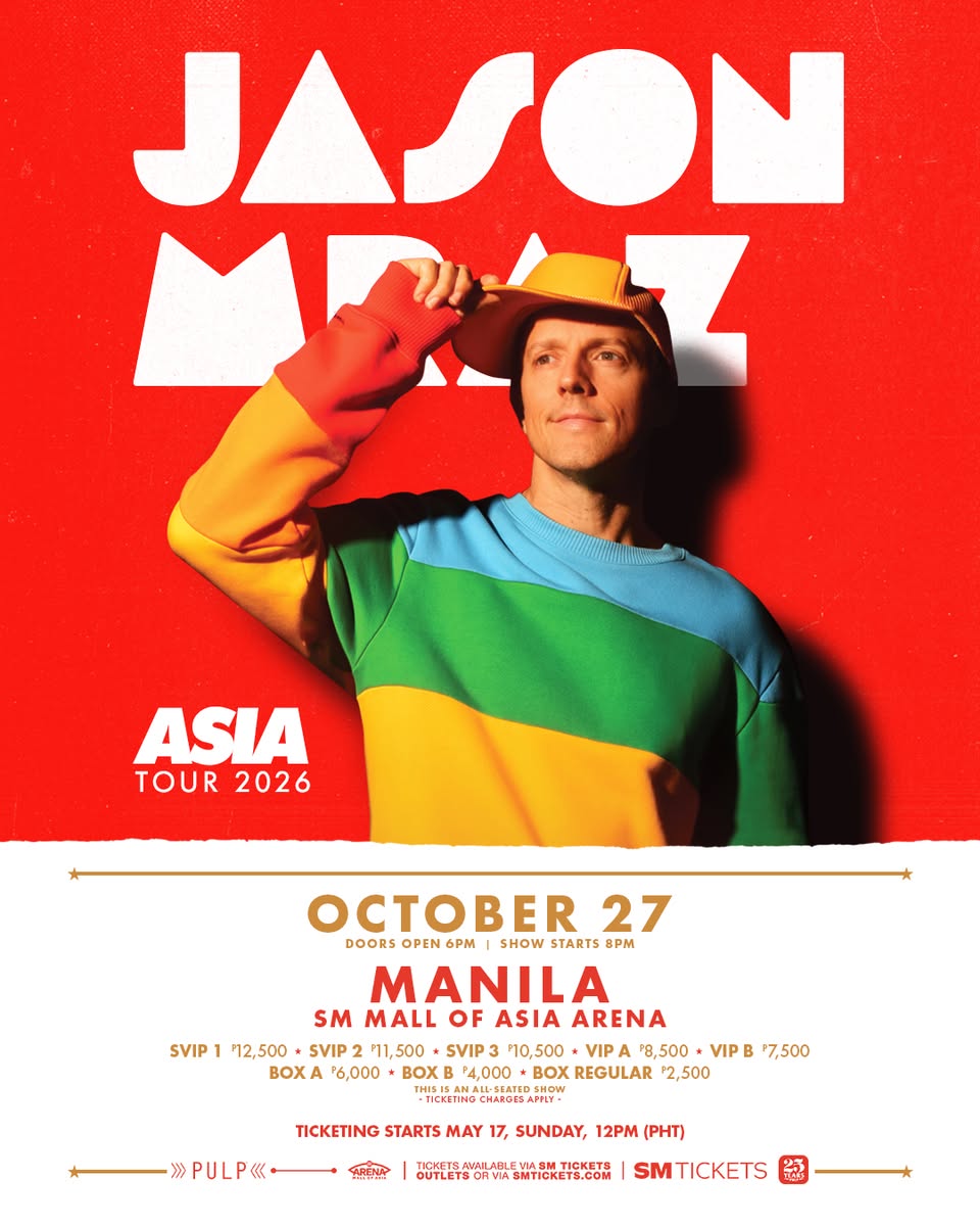 Jason Mraz Asia Tour 2026 poster: man in a colorful sweater tipping an orange cap, red background, Manila show Oct 27.