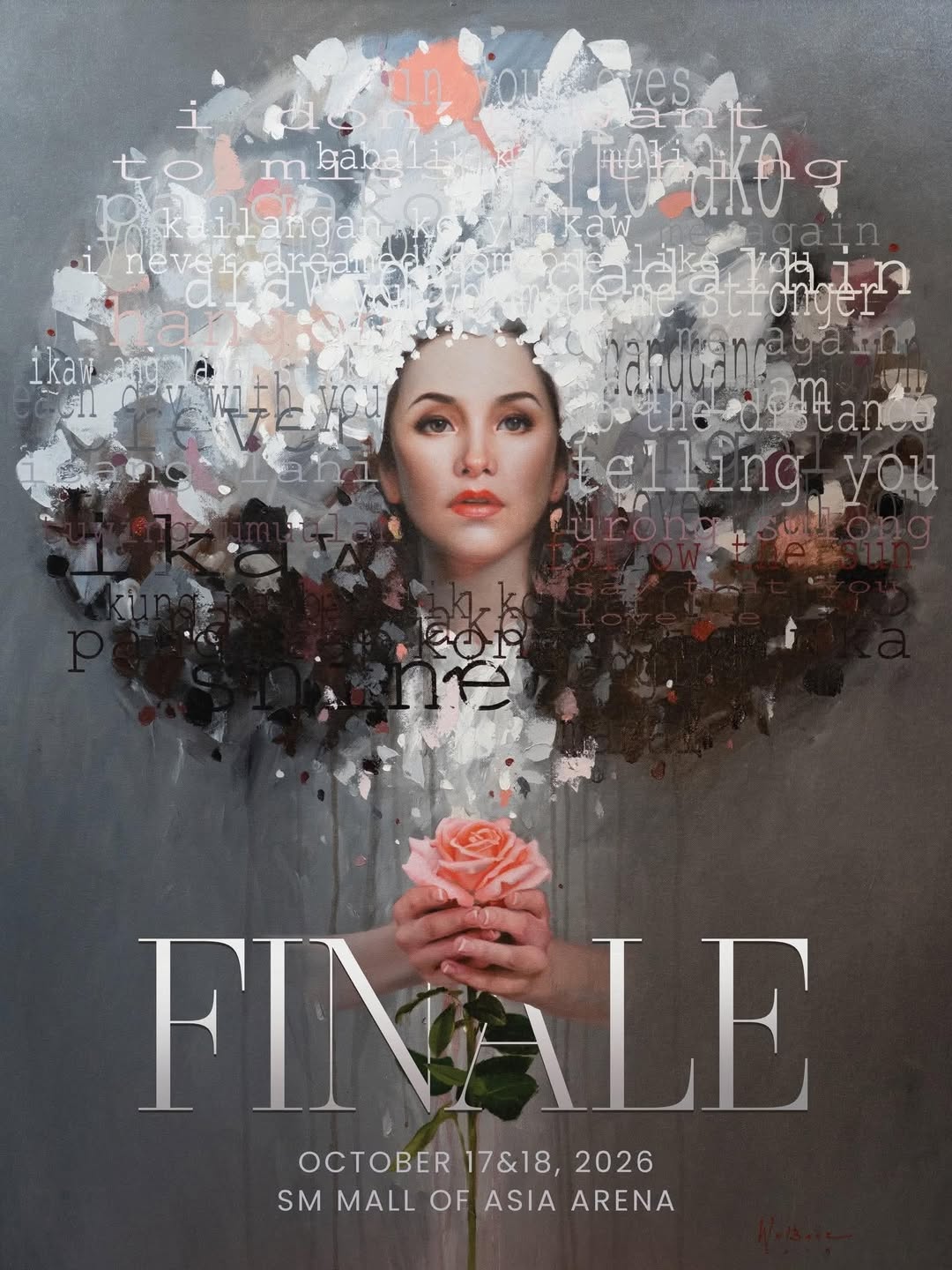 Artistic event poster: a woman's face emerging from abstract white petals and letters, holding a pink rose, with 'FINALLE' and date information for Oct 17–18, 2026 at SM Mall of Asia Arena.