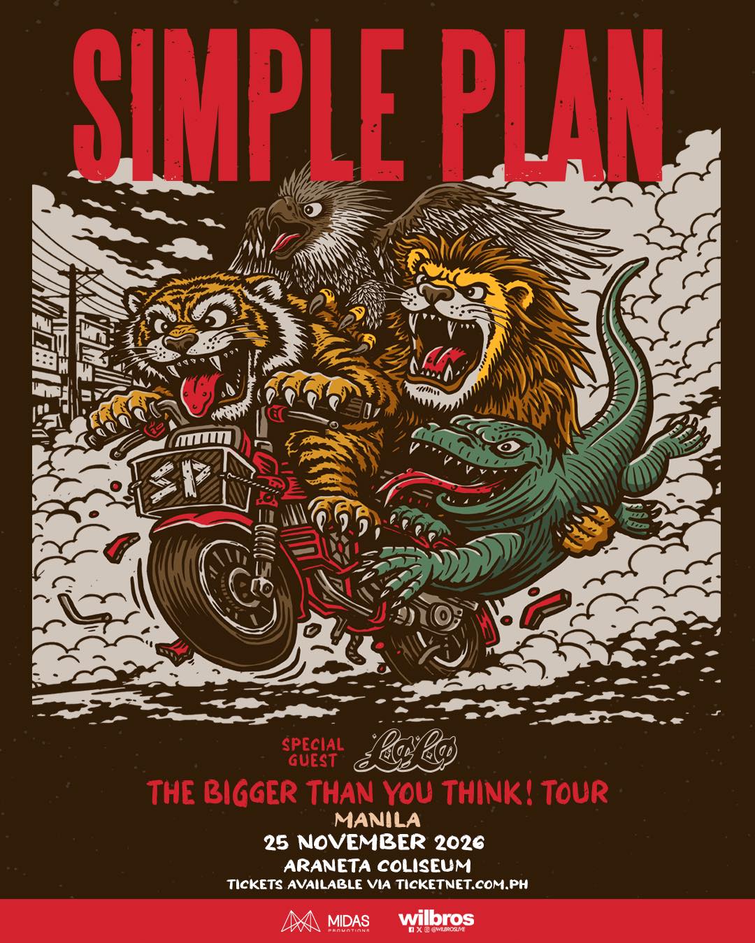 Tour poster for Simple Plan showing a tiger, hawk, and alligator on a crashing red motorcycle against a brown backdrop; Manila 25 November 2026, Araneta Coliseum.