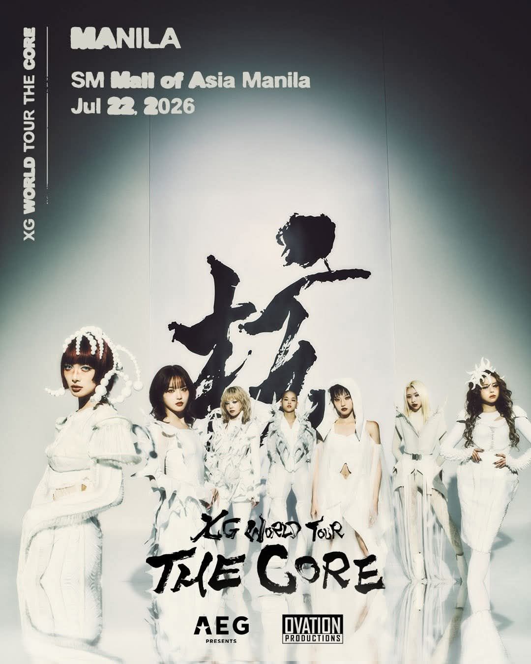Promotional poster for XG World Tour 'THE CORE' featuring XG members in white outfits against a gradient backdrop with bold tour text and logos at the bottom.