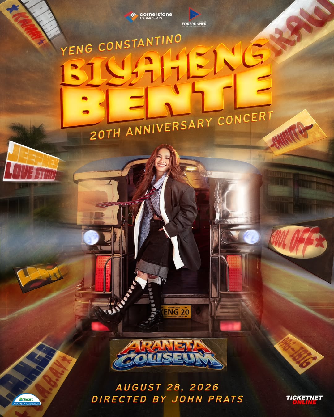 Concert poster for 'Biyaheng Bente' 20th anniversary with a smiling woman stepping from a vintage bus at Araneta Coliseum; August 28, 2026; directed by John Prats.