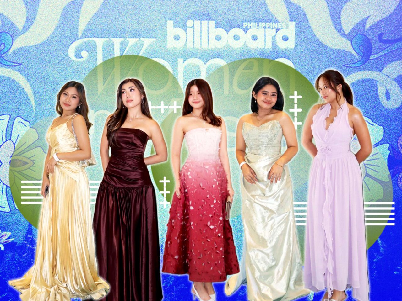Five women in elegant evening gowns stand together in a row against a bright blue stylized backdrop.,