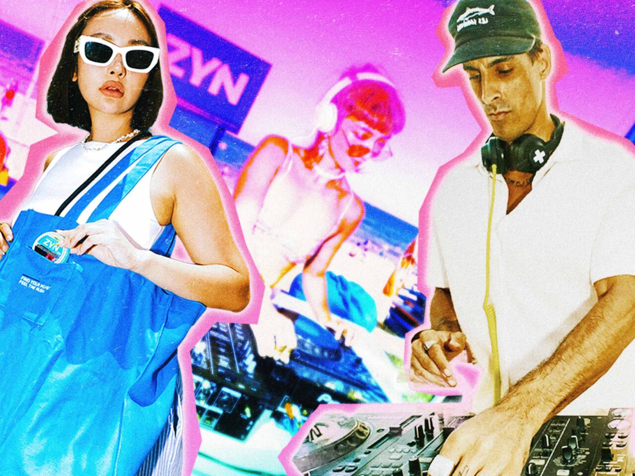Two stylish people at a neon-lit party, one woman in white sunglasses and a blue outfit holding a blue bag, the other man wearing a cap and headphones near a DJ setup in pink-toned background