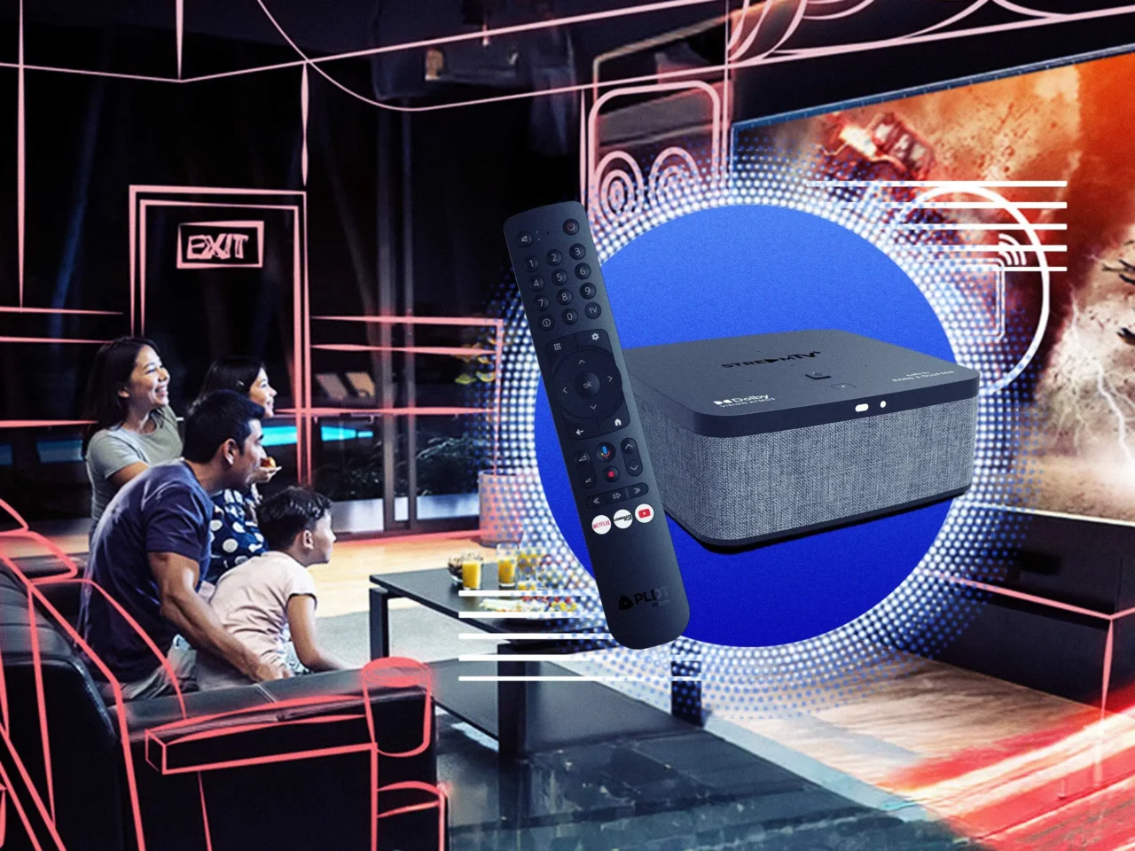 Close-up of a streaming media player and remote held in front of a neon-lit stage with a seated audience in the background.