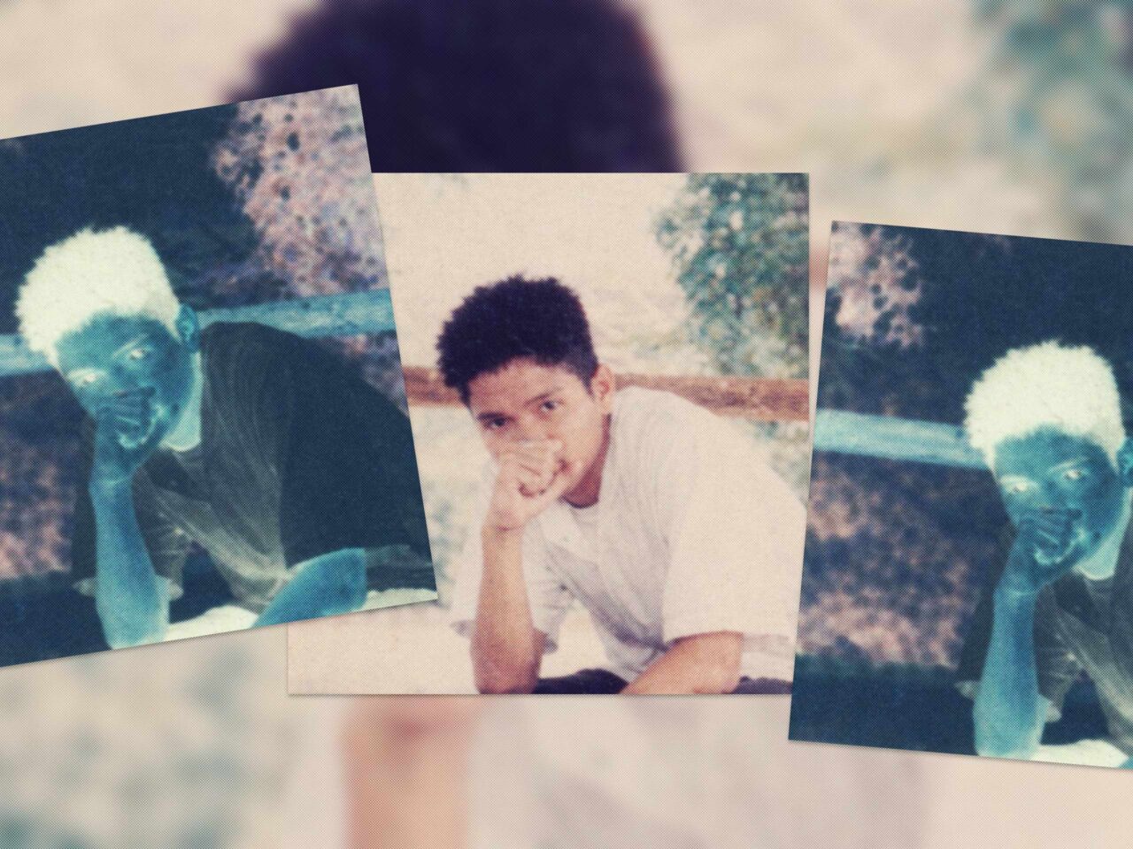 Collage of three portrait photos of a young man with his hand on his chin; center image in color, sides are blue-tinted.
