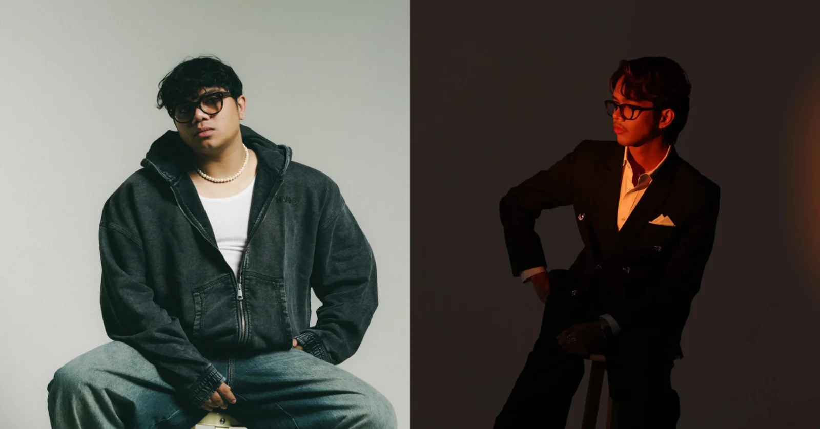 Two men posing side by side: casual on the left in a denim jacket and pearl necklace, formal on the right in a black suit under warm lighting