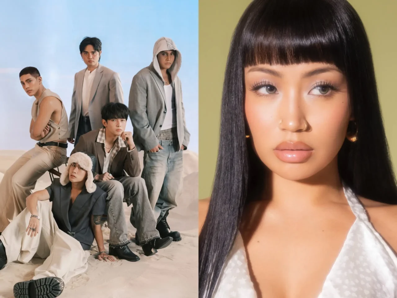 Collage: left panel shows five male models in beige/gray outfits in a desert setting; right panel is a close-up portrait of a woman with straight black hair and bangs.