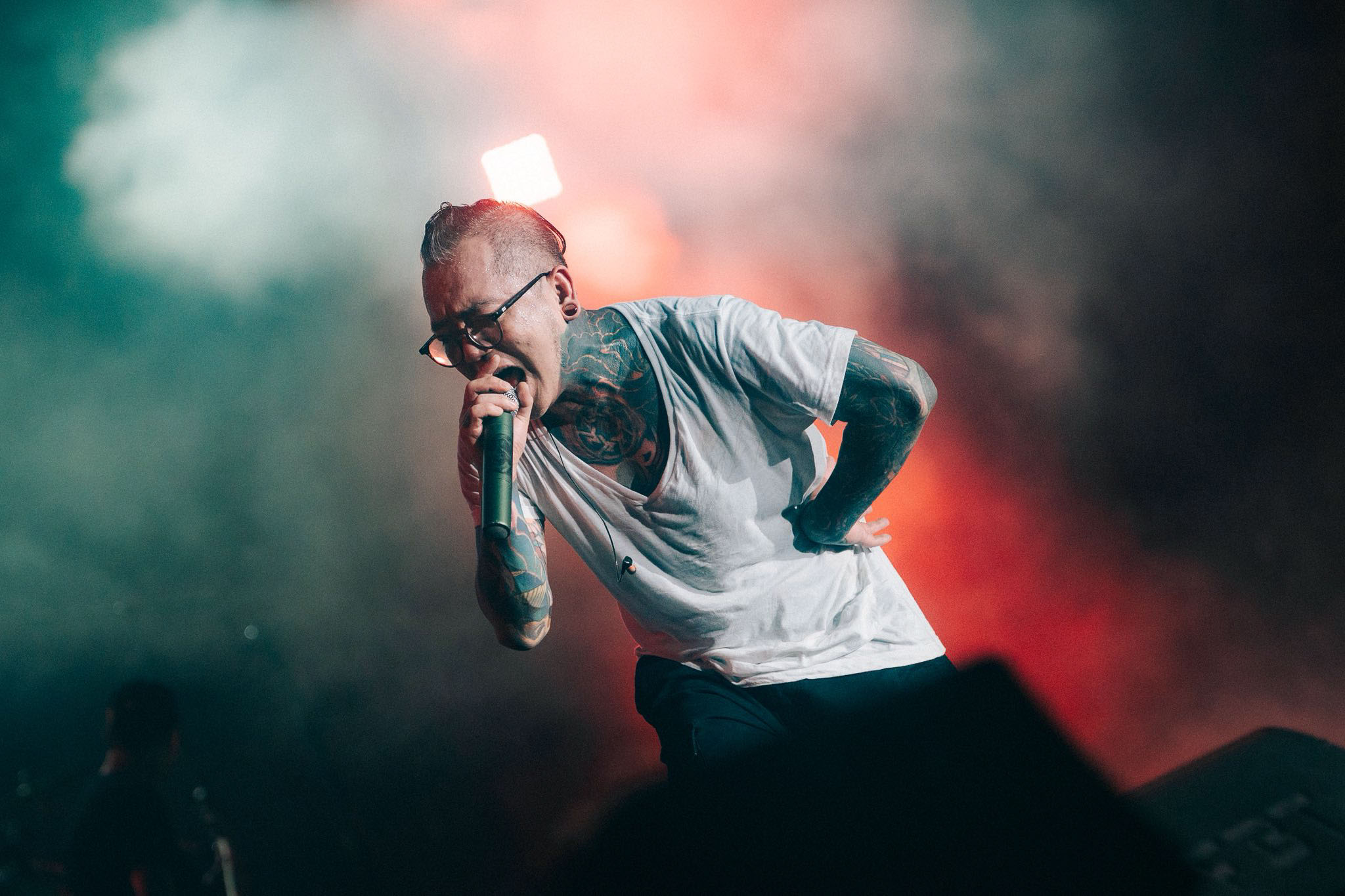 Singer with tattoos and glasses performing into a microphone on a smoky, color-lit stage at a concert.