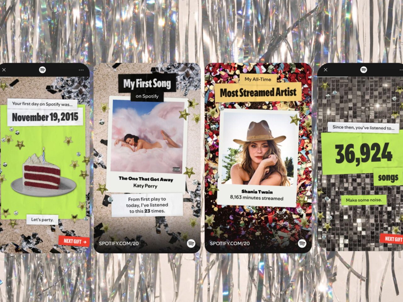 Collage of Spotify year-in-review panels with party confetti, a cake, and top-song stats in a colorful, celebratory layout.