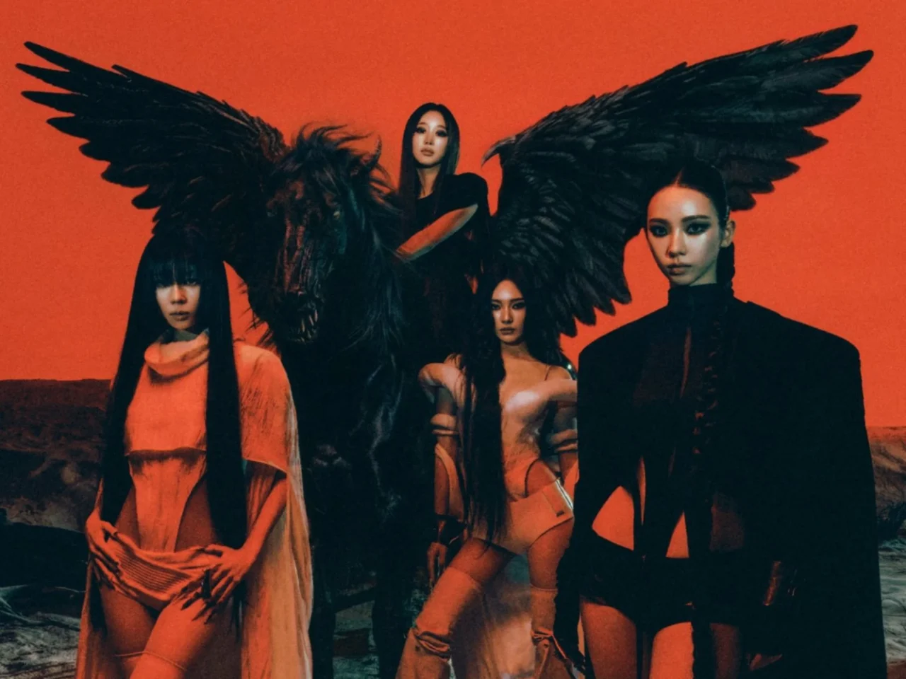 Left panel shows models in dramatic outfits with large black wings against an orange backdrop; right panel is a close-up black-and-white portrait of a model with spiky hair.